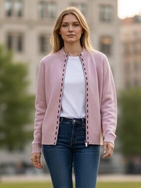St. John Pale Pink Zip-Front Knit Cardigan